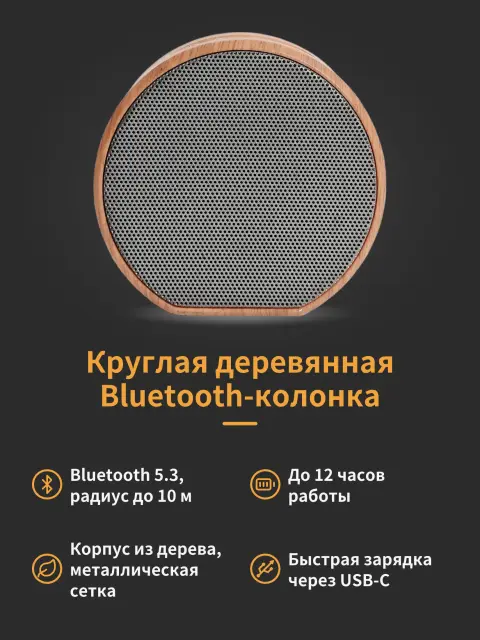 Sample: a feature image in Russian (round wooden Bluetooth speaker)