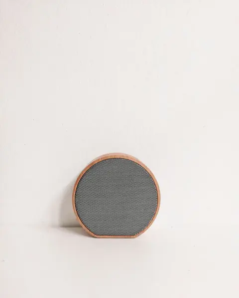 The photo: round wooden bluetooth speaker