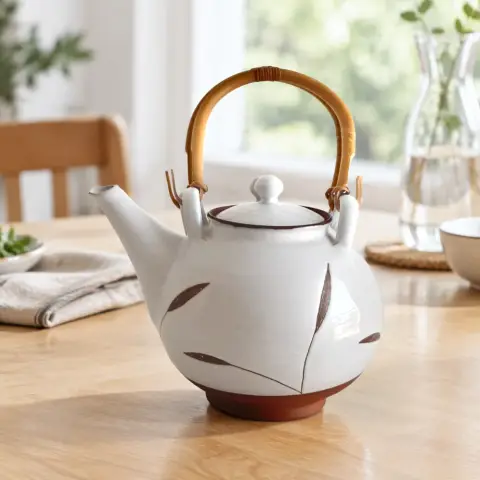 Ceramic teapot with a leaf pattern: Scene 1