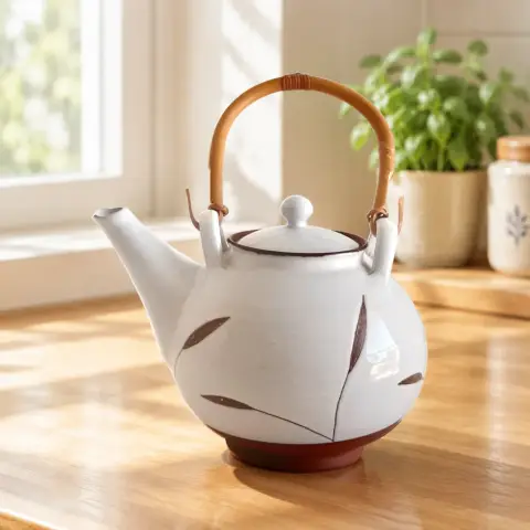 Ceramic teapot with a leaf pattern: Scene 2