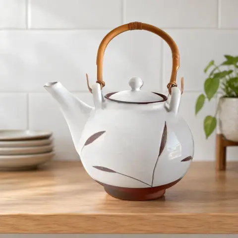 Ceramic teapot with a leaf pattern: Scene 3