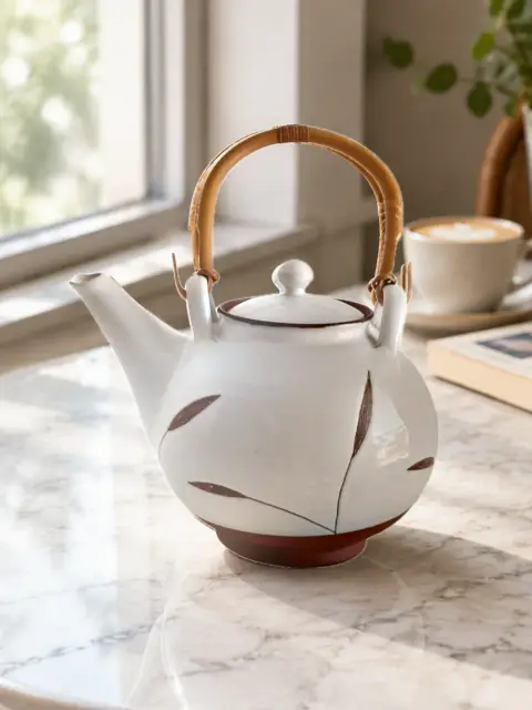 Ceramic teapot with a leaf pattern: Scene 4